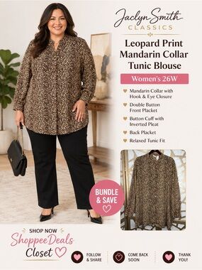 Jaclyn Smith Classics Leopard Print Mandarin Collar Tunic Blouse – Women’s 26W